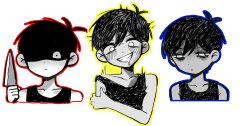  1boy alternate_eye_color antenna_hair black_hair black_tank_top blue_outline closed_mouth collarbone commentary_request double-parted_bangs drooling grin hair_between_eyes highres holding holding_knife knife looking_at_viewer male_focus mouth_drool multiple_expressions nana_(papapaimon) omori omori_(omori) outline red_outline short_hair smile solo tank_top teeth white_eyes yellow_outline 
