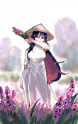  1girl ao_dai commentary_request field flower flower_field grass hat highres holding holding_flower kyan-dog long_hair multicolored_hair orange_eyes original pants purple_flower rice_hat solo standing white_pants 