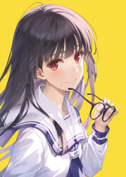  1girl asobi_no_kankei black-framed_eyewear black_hair blue_neckerchief blush closed_mouth glasses highres holding holding_removed_eyewear long_hair long_sleeves looking_at_viewer misaki_kurehito neckerchief official_art sailor_collar school_uniform serafuku shirt smile solo unworn_eyewear upper_body utakata_tsukino white_sailor_collar white_shirt yellow_background 