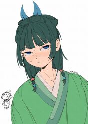  1girl 3amsoda artist_name blue_eyes bow chibi chinese_clothes collarbone commentary freckles green_hair green_hanfu hair_bow hanfu highres kusuriya_no_hitorigoto long_hair looking_at_viewer maomao_(kusuriya_no_hitorigoto) multiple_views partially_colored simple_background twintails 