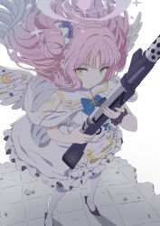  1girl angel_wings black_scrunchie blue_archive blue_bow blue_bowtie bow bowtie capelet dress feathered_wings floating_hair from_above gun hair_bun hakuaiiii halo highres holding holding_gun holding_weapon lanchester_smg long_hair looking_at_viewer low_wings mika_(blue_archive) pantyhose pink_hair pink_halo scrunchie single_side_bun solo standing submachine_gun trinity_general_school_logo weapon white_capelet white_dress white_pantyhose white_wings wing_ornament wings wrist_scrunchie yellow_eyes 