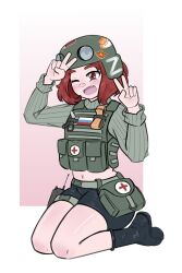  1girl absurdres bag belt_bag black_boots black_shorts blush body_armor boots buhanka-chan commission commissioner_upload double_v fang fluffkaiser gradient_background green_helmet green_sweater helmet highres kneeling looking_at_viewer midriff military_medic navel non-web_source one_eye_closed open_mouth original radio red_cros red_eyes red_hair ribbed_sweater russian_flag russian_ground_forces russo-ukrainian_war scissors short_shorts shorts smile solo sticker sticker_on_helmet sweater thigh_strap tongue tourniquet v z_(russian_symbol) 