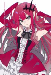  1girl absurdres arms_up baobhan_sith_(fate) baobhan_sith_(first_ascension)_(fate) breasts chinese_commentary commentary_request cropped detached_sleeves dress fate/grand_order fate_(series) grey_eyes hair_ornament highres long_hair looking_at_viewer pink_hair pointy_ears red_dress saibasidian281 solo 