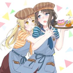  2girls apron bang_dream! bang_dream!_girls_band_party! black_hair blonde_hair blue_apron blue_shirt brown_hat brown_skirt character-themed_food commentary_request frown grabbing_another's_hand grey_eyes hat highres interlocked_fingers long_hair low_twintails michelle_(bang_dream!) multiple_girls okusawa_misaki open_mouth orange_shirt shirt short_sleeves skirt striped_clothes striped_shirt succhii_(pikaru) teeth tsurumaki_kokoro twintails upper_teeth_only white_background yellow_eyes yuri 