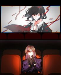  2girls araya_(project_moon) black_gloves black_hair blue_suit clapping coat_over_head gloves highres light_smile limbus_company mother_and_child mother_and_daughter movie_theater multiple_girls odonate open_collar parent_and_child project_moon red_eyes ryoshu_(project_moon) shirt short_hair suit white_shirt 