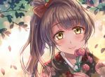  1girl backlighting bangs blunt_bangs blush bow brown_hair day eyebrows eyebrows_visible_through_hair fingernails floral_print flower hair_bow happy head_tilt holding holding_flower japanese_clothes kimono leaf lens_flare long_hair looking_at_viewer love_live!_school_idol_festival love_live!_school_idol_project miazi minami_kotori one_side_up outdoors pink_flower portrait red_bow side_ponytail silhouette smile solo sunlight sunset tree tree_branch yellow_eyes yukata 