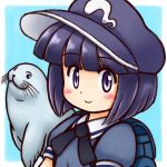  1girl animal backpack bag blue_background blush dark_haired_kappa hat manzairaku nitamago purple_hair seal shirt short_hair smile touhou violet_eyes wild_and_horned_hermit 