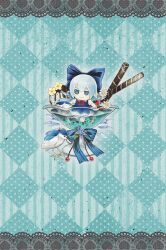  1girl bird bird_request blue_background blue_bird blue_bow blue_dress blue_eyes blue_hair bow bowtie checkered_background cirno cirno_day collared_shirt commentary_request detached_wings dress flower flower_request food fumo_(doll) hair_bow highres holding holding_food holding_popsicle hourai_kiriri ice ice_cream ice_wings pinafore_dress popsicle red_bow red_bowtie shirt sleeveless sleeveless_dress solo touhou wafer_stick watermelon_bar white_flower white_shirt wings 