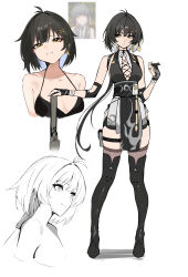  1girl :i :t absurdres annoyed armor bare_shoulders belt black_gloves black_hair black_thighhighs boots bow breasts closed_mouth colored_inner_hair comparison cross-laced_clothes cross-laced_dress cross-laced_top dress earrings english_commentary female_rover_(wuthering_waves) gloves hair_ornament hair_ribbon hairclip highres holding holding_sword holding_weapon jewelry ku_roiko long_hair looking_at_viewer low_ponytail medium_breasts multicolored_hair multiple_expressions multiple_views parallel_hairclips partially_colored pleated_skirt ponytail pout ribbon rover_(wuthering_waves) shoulder_armor simple_background sketch skirt smile sword thigh-highs thigh_boots triangle_earrings weapon white_background wuthering_waves yellow_eyes yellow_ribbon zettai_ryouiki 