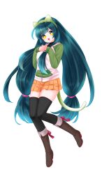  1girl :d absurdres animal_ear_hairband animal_ears black_thighhighs blue_hair blunt_bangs boots brown_boots cat_ear_hairband cat_ears edomura_niniko fake_animal_ears full_body green_hairband green_sleeves hairband high_heel_boots high_heels highres jacket long_hair long_sleeves looking_at_viewer miniskirt official_art open_mouth orange_skirt own_hands_clasped own_hands_together pleated_skirt simple_background skirt smile solo standing standing_on_one_leg thigh-highs touhoku_zunko transparent_background twintails very_long_hair voiceroid white_jacket yellow_eyes zettai_ryouiki zipper 