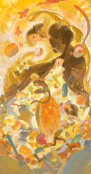  2girls 3boys absurdres animal_ears beard black_dress blonde_hair candle candlestand cat_ears cat_girl cat_tail cherry chess_piece chilchuck_tims comb commentary_request cup dress dungeon_meshi dwarf facial_hair flower food fork fruit frying_pan highres izutsumi knight_(chess) laios_touden long_beard marcille_donato marcille_donato_(lord) multiple_boys multiple_girls mushroom onion pumpkin queen_(chess) quill senshi_(dungeon_meshi) tail tentacles toaot tomato very_long_beard walking_mushroom_(dungeon_meshi) warm_colors 