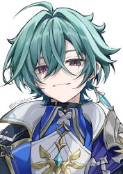  1boy 310_(satou) absurdres ahoge aqua_gem armor artist_name black_choker black_jacket cape choker closed_mouth collared_shirt commentary_request crossed_bangs earrings eyelashes gem genshin_impact green_hair hair_between_eyes highres huge_ahoge jacket jewelry lapels lohen_(genshin_impact) long_hair_between_eyes looking_at_viewer male_focus mole mole_under_eye open_clothes open_jacket pink_eyes purple_cape shirt short_hair shoulder_armor simple_background single_earring smile solo two-sided_fabric two-sided_jacket upper_body white_background white_jacket white_shirt 