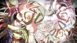 1girl \||/ bionekojita blonde_hair collarbone colored_eyelashes commentary covering_one_eye dress gakuen_idolmaster hair_between_eyes hand_on_own_face highres idolmaster jewelry long_hair long_hair_between_eyes looking_at_viewer me_(idolmaster) multiple_views necklace open_mouth orange_eyes recursion ring scrunchie shinosawa_hiro tassel wrist_scrunchie wristband yellow_dress 