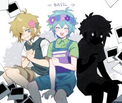  3boys antenna_hair basil_(faraway)_(omori) basil_(headspace)_(omori) basil_(omori) black_hair black_shirt black_shorts black_skin blonde_hair blue_eyes blue_overalls bright_pupils brown_shorts character_name closed_eyes collared_shirt colored_skin commentary double-parted_bangs english_commentary flower flower_wreath green_hair green_shirt green_sweater_vest hair_between_eyes head_wreath highres invisible_chair jin_gingin looking_at_viewer multiple_boys multiple_persona omori open_mouth overall_shorts overalls parted_lips photo_(object) shirt short_hair short_sleeves shorts sidelocks sitting stranger_(omori) sweat sweater_vest teeth upper_teeth_only white_hair white_pupils white_shirt 