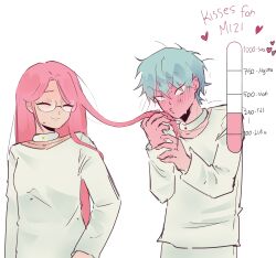 1boy 1girl absurdres alien_stage anakt_garden_uniform blank_eyes blush closed_eyes dress english_commentary full-face_blush glasses grey_hair heart highres holding_another's_hair kiss_meter_(meme) kissing_hair long_hair long_sleeves meme michi_mimi mizi_(alien_stage) pink_hair puckered_lips shirt short_hair till_(alien_stage) very_long_hair very_short_hair white_background white_dress white_shirt 