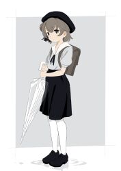  1girl absurdres backpack bag beret black_ribbon black_skirt brown_eyes brown_hair closed_mouth full_body grey_background grey_shirt hat hatoba_tsugu highres holding holding_umbrella loafers looking_at_viewer mole mole_under_eye neck_ribbon pantyhose puffy_sleeves randoseru ribbon rytoua318 sailor_collar shirt shoes short_hair short_sleeves skirt solo standing suspender_skirt suspenders tsugu_(vtuber) umbrella virtual_youtuber white_pantyhose white_sailor_collar 