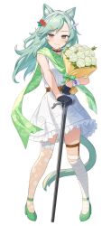  1girl animal_ears bandaged_leg bandages belt black_gloves bouquet brown_belt cane cat_ears cat_girl cat_tail commentary_request cranberry dress flower food-themed_hair_ornament frilled_dress frills fruit_hair_ornament full_body gloves green_hair green_shoes grey_eyes hair_ornament hairband holding holding_bouquet homura_berry_(satou_(3366_s)) lace lace_thighhighs long_hair looking_at_viewer original rose satou_(3366_s) shoes simple_background single_thighhigh sleeveless sleeveless_dress smile tail thigh-highs white_background white_dress white_flower white_hairband white_rose 