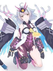  1girl ahoge andatchb bodysuit cable closed_mouth commentary_request duel_masters duel_masters_play's gauntlets grey_hair headgear highres key kneeling leotard looking_at_viewer mecha_musume purple_bodysuit purple_leotard short_hair smile solo torn_bodysuit torn_clothes torn_leotard vest vivi_(duel_masters_play's) white_vest yellow_eyes 