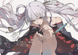  1girl absurdres bare_shoulders cho_kaguya-hime! commentary_request frills grey_eyes grey_hair hair_ornament hair_rings hair_stick hands_on_own_knees highres japanese_clothes kimono multicolored_hair musical_note musical_staff nail_polish official_art oil-paper_umbrella pocket_watch purple_nails ribbon runami_yachiyo runami_yachiyo_(tsukuyomi) sheet_music solo sparkle twintails two-tone_hair umbrella watch white_background zhibuji_loom 