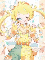  1girl :q ;q belt blonde_hair blue_bow blue_bowtie blue_eyes bow bowtie brown_shirt candy commentary cowboy_shot fingerless_gloves food gloves hair_bow haru_(haru1bc6c4) highres holding holding_candy holding_food holding_lollipop kiratto_pri_chan lollipop long_hair marshmallow moegi_emo multicolored_bow multicolored_bowtie one_eye_closed orange_belt orange_bow orange_bowtie overalls pretty_series shirt solo striped_bow striped_bowtie striped_clothes tongue tongue_out twintails untranslatable_commentary white_bow white_bowtie yellow_gloves yellow_overalls 