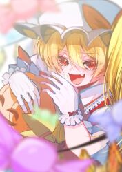  1girl :d ascot blonde_hair blurry blurry_background blurry_foreground blush bow check_commentary collar commentary_request crumbs fang flandre_scarlet frilled_collar frilled_gloves frills gloves gumvafqf8cwwtha hair_between_eyes hat highres holding holding_pumpkin looking_at_viewer mob_cap open_mouth puffy_short_sleeves puffy_sleeves pumpkin red_bow red_eyes short_sleeves side_ponytail skin_fang smile solo sparkling_eyes touhou upper_body white_gloves yellow_ascot 