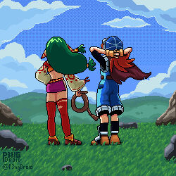  1boy 1girl arms_behind_head artist_name belt black_shirt black_socks blue_hat blue_jumpsuit blue_sky boots brown_boots brown_gloves cape clouds cloudy_sky commentary crop_top english_commentary feena_(grandia) fingerless_gloves from_behind gloves grandia grandia_i grass green_hair hair_ornament hand_on_own_hip hat holding holding_whip horizon jumpsuit justin_(grandia) layered_sleeves long_hair long_sleeves low-tied_long_hair lowres orange_hair orange_shirt p3ngdroid pink_skirt pixel_art purple_cape red_thighhighs rock shirt short_cape short_jumpsuit short_over_long_sleeves short_sleeves side_slit skirt sky socks thigh-highs torn_clothes torn_thighhighs whip white_sleeves wide_sleeves wind 