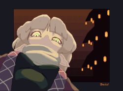  1girl blonde_hair breasts commentary covered_mouth downturned_eyes english_commentary from_below green_eyes lantern looking_at_viewer mizuhashi_parsee paper_lantern pixel_art pointy_ears scarf shirt small_breasts solo touhou upper_body vexkaf 