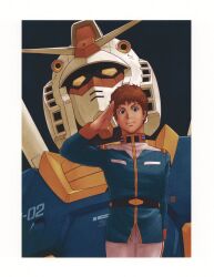  1980s_(style) 1boy amuro_ray arm_at_side arm_up artist_name belt black_belt blue_eyes blue_jacket border brown_hair closed_mouth cowboy_shot earth_federation gundam highres jacket kotobuki_tsukasa looking_at_viewer male_focus military_uniform mobile_suit mobile_suit_gundam official_art painting_(medium) pants retro_artstyle rx-78-2_gundam salute scan short_hair solo standing third-party_source traditional_media v-fin white_border white_pants yasuhiko_yoshikazu_(style) yellow_eyes 