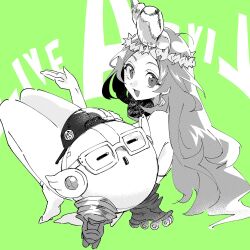  1girl :d beru_(live_a_live) commentary_request copyright_name cube_(live_a_live) green_background greyscale_with_colored_background hat head_wreath highres live_a_live long_hair robot roller_skates senjo shell sitting skates smile 