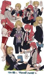  1boy 1girl absurdres against_tree aoi_(yooo009) argyle_clothes belt biting biting_another's_arm black_belt black_jacket black_skirt blazer blonde_hair bolo_tie book borrowed_character braid commission commissioner_name grey_jacket gym_uniform half_up_braid highres holding holding_book jacket long_hair loose_belt multiple_views necktie open_clothes open_jacket original pants pink_hair pleated_skirt pointing pointing_at_another school_uniform second-party_source shorts skirt speech_bubble thank_you translation_request tree v-neck white_background 