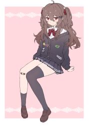  1girl absurdres aimono_muki black_cardigan black_skirt black_socks black_thighhighs brown_hair brown_shoes cardigan closed_mouth collared_shirt commentary evil_neuro-sama hair_ribbon highres loafers long_hair looking_at_viewer pleated_skirt red_eyes red_ribbon ribbon shirt shoes single_sock single_thighhigh skirt socks solo thigh-highs two_side_up vedal_ai virtual_youtuber white_shirt 