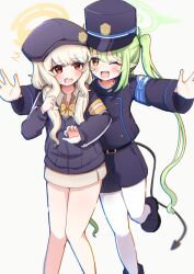  2girls :d ;d ^^^ aoba_(blue_archive) armband belt black_belt black_boots black_hat black_jacket black_shorts blonde_hair blue_archive blue_armband blush boots bow bowtie collared_shirt commentary demon_girl demon_tail fang foot_out_of_frame furrowed_brow green_hair grey_shirt hair_between_eyes halo hat highres jacket long_hair long_sleeves looking_at_another multiple_girls newsboy_cap nozomi_(blue_archive) one_eye_closed open_mouth orange_bow orange_bowtie outstretched_arms outstretched_hand pantyhose peaked_cap pointy_ears red_eyes shirt shorts sidelocks simple_background skin_fang smile standing surprised swept_bangs tail thighs twintails very_long_hair white_background white_pantyhose yellow_armband yellow_eyes yellow_halo yoikumori 