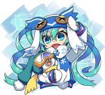  1girl :3 :d aqua_hair blue_eyes gloves goggles hat hatsune_miku long_hair long_sleeves looking_at_viewer mittens open_mouth rabbit smile snowflakes sparkle tagme twintails ulogbe very_long_hair vocaloid white_gloves yuki_miku yukine_(vocaloid) 