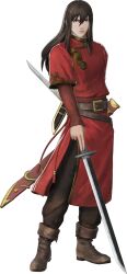  1boy absurdres boots brown_boots brown_hair brown_pants fire_emblem fire_emblem:_shadow_dragon fire_emblem_warriors full_body game_model grey_eyes highres holding holding_sword holding_weapon long_hair looking_at_viewer matsunaga_yuta navarre_(fire_emblem) official_art pants red_robe robe serious short_sleeves solo sword unsheathed weapon 