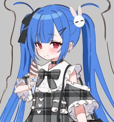  1girl blue_hair closed_mouth dress ear_piercing food food_on_face frilled_sleeves frills grey_background grey_dress hair_ornament highres holding holding_food ice_cream ice_cream_cone kanae_(tsukiman) long_hair looking_at_viewer original piercing plaid_clothes plaid_dress rabbit_hair_ornament red_eyes short_sleeves simple_background soft_serve solo tsukiman twintails unmoving_pattern upper_body very_long_hair 