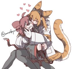  2girls adachi_rei animal_ears bound cable drill_hair gloves hato_no_mune_wo_momitai headset jacket kasane_teto kasane_teto_(utau) licking multiple_girls orange_hair red_hair skirt tail tail_belt twin_drills utau white_background white_jacket 