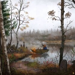  1boy absurdres artist_logo autumn boat commentary cross day english_commentary faceless falling_leaves fog foliage forest glowing_lantern grass highres hood lake lantern leaf logo nature original outdoors overcast reflection reflective_liquid rock scenery sitting sky tombstone tree waltjan watercraft wide_shot 
