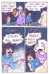  1girl 4koma androgynous bad_end comic commentary death dust english failure fire frisk_(undertale) gameplay_mechanics highres monster_girl o_o peppermintbee red_eyes shirt stick striped striped_shirt tears toriel undertale 