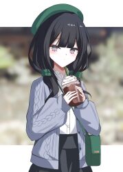  1girl bag beret black_hair black_skirt blurry blurry_background book_off cardigan closed_mouth commentary_request cup drinking_straw green_bag green_hat grey_cardigan grey_eyes hat highres holding holding_cup kurobe_nanoka letterboxed long_hair long_sleeves looking_at_viewer low-tied_sidelocks mahou_shoujo_no_majo_saiban official_alternate_costume puffy_sleeves scrunchie shirt sidelocks skirt solo torikago_sekai white_shirt 