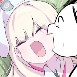  1boy 1girl absurdres beret biting biting_cheek blonde_hair blonde_student_council_president_(blue_archive) blue_archive commentary coo_(bkkm3910) d: doodle_sensei_(blue_archive) english_commentary hat highres long_hair multicolored_hair open_mouth pain pink_streaks sensei_(blue_archive) streaked_hair 