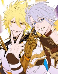  2boys antenna_hair arm_guards armor artist_name asymmetrical_wings black_bridal_gauntlets black_choker black_shirt blonde_hair blue_eyes bridal_gauntlets choker closed_mouth coat collared_shirt cracked_skin crossed_bangs diamond-shaped_pupils diamond_(shape) dual_persona fingernails gauntlets grey_hair hair_between_eyes halo halo_behind_head hand_up high_collar highres honkai:_star_rail honkai_(series) jewelry long_sleeves looking_at_viewer male_focus multiple_boys neck_ring neck_tattoo pauldrons phainon_(honkai:_star_rail) phainon_(khaslana)_(honkai:_star_rail) sakae_0_0 shirt short_hair shoulder_armor simple_background single_gauntlet single_pauldron smile sun_symbol sun_tattoo symbol-shaped_pupils tattoo teeth upper_body v white_background white_coat wings yellow_eyes yellow_halo yellow_pupils 