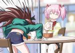  2girls drink food french_fries hair_ribbon hamburger highres jacket kaname_madoka knives_(knives777) long_hair mahou_shoujo_madoka_magica multiple_girls pink_eyes pink_hair ribbon sakura_kyouko school_uniform short_shorts short_twintails shorts straw twintails 