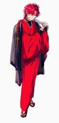  1boy :q absurdres alternate_costume bishounen black_haori black_shirt braid braided_ponytail closed_mouth earrings folded_fan folding_fan full_body hair_between_eyes hair_ribbon hand_fan haori haori_on_shoulders highres holding holding_fan implied_yaoi japanese_clothes jewelry kimono licking_lips long_hair long_sleeves looking_at_viewer male_focus red_eyes red_hair red_kimono ribbon robe sandals shiguang_dailiren shirt simple_background single_braid sleeves_past_wrists smile solo standing tabi tassel tassel_earrings tongue tongue_out turtleneck tyoookozuki undershirt white_background wide_sleeves xiao_weiying yellow_ribbon zouri 