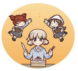  3girls aki_(girls_und_panzer) black_jacket blonde_hair blue_eyes blue_sweater blush cake closed_eyes commentary_request food fork girls_und_panzer grey_hair hat highres holding holding_fork holding_knife jacket keizoku_military_uniform knife long_hair mika_(girls_und_panzer) mikko_(girls_und_panzer) multiple_girls red_hair school_uniform short_hair sitting smile sweater tebasaki_100 twintails 