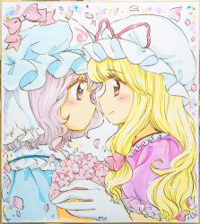  2girls absurdres blonde_hair blue_hat blue_shirt blush bow cherry_blossoms commentary_request face-to-face gloves hair_bow hat highres long_hair medium_hair mob_cap multiple_girls muzukite painting_(medium) petals pink_bow pink_eyes pink_hair pink_petals pink_ribbon purple_shirt ribbon saigyouji_yuyuko shikishi shirt short_sleeves smile touhou traditional_media triangular_headpiece veil watercolor_(medium) white_gloves white_hat white_veil yakumo_yukari 