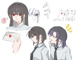  2girls ? araya_(project_moon) black_hair black_necktie blue_streaks cat commentary_request glaring limbus_company long_hair love_letter mother_and_child mother_and_daughter multicolored_hair multiple_girls necktie parent_and_child project_moon red_eyes ryoshu_(project_moon) shirt short_hair simple_background streaked_hair taki1187137 white_shirt 