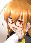  1girl brown_eyes brown_hair glasses kantai_collection long_hair mochizuki_(kantai_collection) nassukun open_mouth saliva school_uniform serafuku 