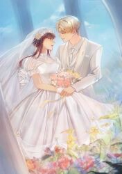  1boy 1girl absurdres black_hair blonde_hair blue_eyes blush bouquet breasts bridal_veil bride church commentary couple dress english_commentary flower gloves gold_hairband groom hairband hetero highres holding holding_bouquet husband_and_wife ideksams jewelry long_hair long_sleeves muscular muscular_male open_mouth red_eyes rose shirt short_hair sidelocks smile spy_x_family strapless strapless_dress suit tiara tuxedo twilight_(spy_x_family) veil wedding wedding_dress white_dress white_flower white_rose yor_briar 