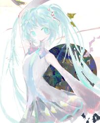  1girl arm_up blue_eyes blue_hair clear_yuri collared_shirt commentary_request cowboy_shot detached_sleeves grey_shirt hatsune_miku highres long_hair looking_at_viewer no_mouth shirt skirt sleeveless sleeveless_shirt vocaloid 