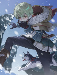  1boy ahoge alyosha_(genshin_impact) animal animal_ear_fluff animal_ears animal_nose black_fur black_gloves black_pants black_shirt blue_eyes blue_jacket blue_sky blush boots brown_boots brown_cape cape commentary_request covering_own_mouth day dog dog_ears dog_tail earmuffs eyelashes fake_animal_ears fangs feet_out_of_frame floating_cape forest freckles fur-trimmed_boots fur-trimmed_cape fur_trim genshin_impact gloves green_hair hair_between_eyes hand_up hands_up highres hood hooded_cape husky jacket long_sleeves looking_at_viewer looking_down male_focus nature nuaen open_mouth outdoors pants pet pine_tree sharp_teeth shirt short_hair sky snow snowing spread_legs standing sunlight tail teeth tongue tongue_out tree tugarin_(genshin_impact) turtleneck turtleneck_shirt two-tone_fur white_fur winter yellow_eyes 